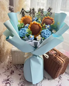 Handmade crochet flower bouquet with sunflowers and blue roses for graduation gift