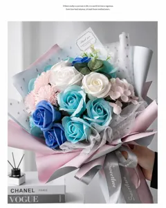 Detailed close-up of a blue and pink soap flower bouquet with 'Sweetlove' ribbon.