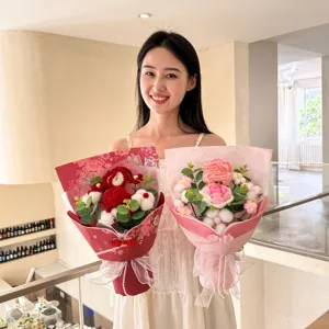 Handmade crochet flower bouquet with Chinese style wrapping, perfect detail shot for gift.