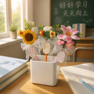 Handmade crochet flower pen set, sunflower and lily gift for teachers, cute desktop decor.