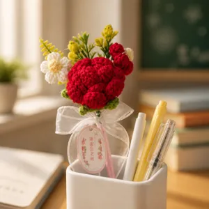 Handmade crochet flower ballpoint pen with cute gift tag, creative teacher appreciation gift.