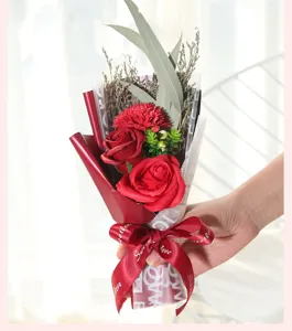 Handheld artificial soap flower bouquet with red roses and carnations for romantic gifts.