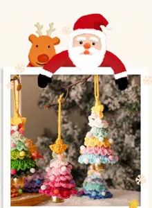 Handmade crochet Christmas tree ornament detail, cute colorful yarn decor with bell pendant.