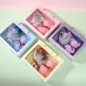 Teacher's Day gift box with soap flower bouquet and cute towel bear in multi-colors