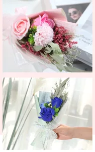 Detailed view of handmade soap rose and dried flower bouquet with elegant wrapping ribbon.