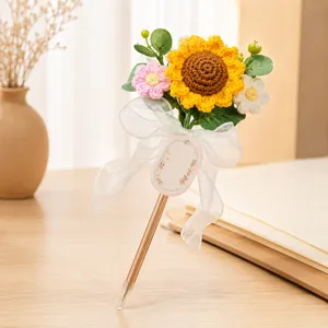 Creative knitted sunflower bouquet gel pen for teacher gift, cute floral office stationery.