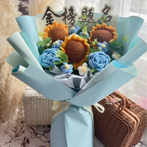 Handmade crochet sunflower bouquet with graduation card in light blue wrapping paper