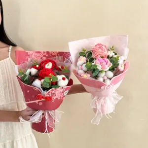 Handmade crochet flower bouquet detail view, beautiful knitted flowers for special gift.