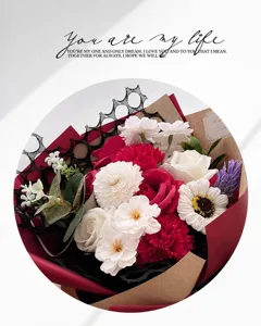 Detailed view of artificial carnation and rose soap flower bouquet for holiday gifts