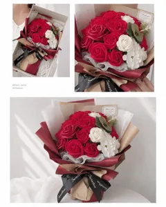 Detailed view of red and white soap flower bouquet with elegant burgundy paper wrapping