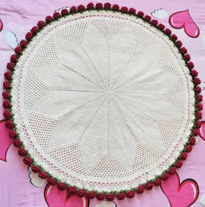 Handmade crochet round rose blanket white tablecloth elegant home decor gift for her