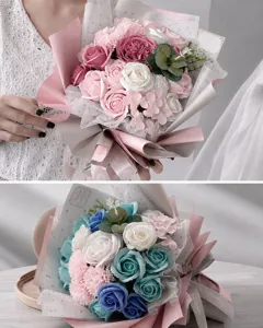 Close-up of pink and blue soap flower bouquets featuring realistic roses and carnations