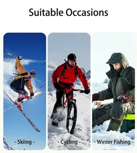 Scene esterne che mostrano lo scaldacollo usato per sci, ciclismo e pesca d'inverno.