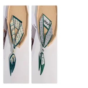 Green slim silk scarf twilly ribbon for bag handle, hair band and stylish neck scarf.