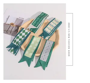 Green twilly silk scarf for handbag ribbon, stylish long skinny neck scarf and hair band for women.