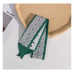 Green geometric narrow silk scarf ribbon for bag handle hair band neck scarf stylish