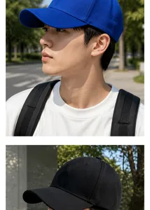 Detail view of solid color stretch baseball caps worn outdoors, showing fit and texture.