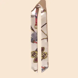 Vintage double-sided printed long silk ribbon scarf for bag decoration and hair styling
