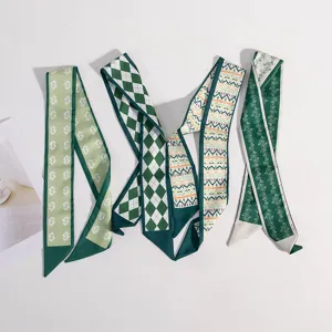Women Fashion Small Silk Scarf Green Geometric Floral Plaid Skinny Ribbon Scarf Handbag Ribbon Hair Band Neck Scarf