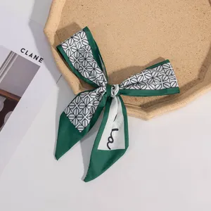Green geometric print narrow silk scarf stylish bag ribbon and hair decorative band