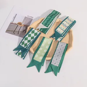 Green silk twilly scarf narrow long ribbon for bag handle hair band neckerchief stylish