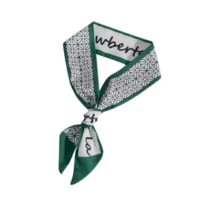 Green geometric print narrow silk scarf twilly for handbag decoration and hair band