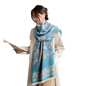 Vintage-Schal mit Paisley-Muster aus blau-orangefarbenem Kaschmir-Imitat Stoff