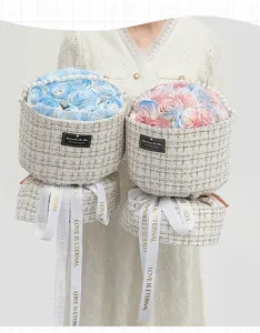 Tweed flower gift box with soap roses, pearl handle and ribbon, elegant teacher day gift.