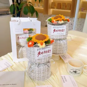 Handmade crochet sunflower bouquet in tweed basket gift set for teacher day celebration.