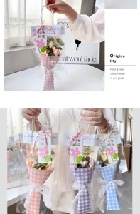 Handmade crochet flower bouquets in colorful plaid wrapping with LED lights for gift