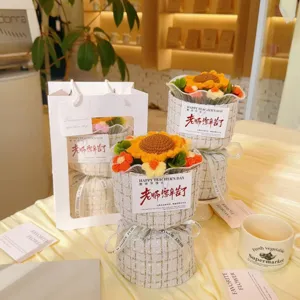 Handmade crochet sunflower bouquet gift with elegant tweed wrapping for teacher day