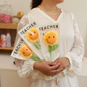 Handmade crochet sunflower bouquet in transparent wrapper, perfect gift for Teacher Day.