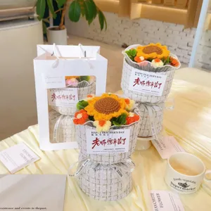 Handmade crochet sunflower bouquet gift set, elegant tweed wrapping, perfect teacher day present.