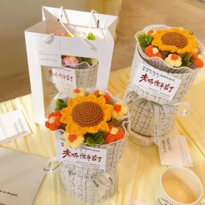 Handcrafted crochet sunflower bouquet detail with chic tweed wrap, suitable for teachers.