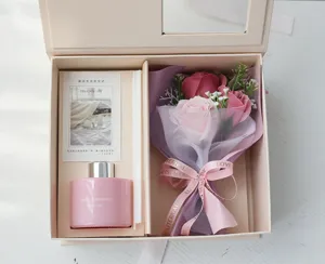 Gift box set artificial soap flower bouquet with aroma diffuser bottle and greeting card