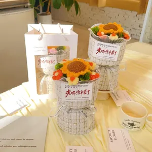 Handmade crochet sunflower bouquet detail, elegant tweed wrapping for special teachers gifts.