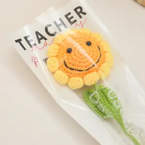 Handmade crochet sunflower bouquet knitted flower gift for teachers day decoration details.