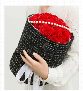 Chanel style red soap rose bouquet with tweed wrapping pearls and ribbon for teacher day gift