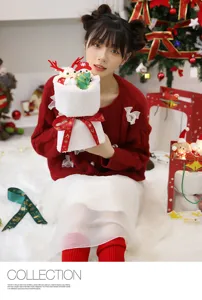 Asian model holding a festive Christmas bear doll bouquet in a cozy living room
