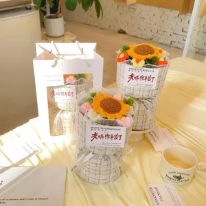 Handmade crochet sunflower bouquet gift with elegant tweed wrapping for Teacher's Day.