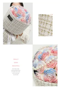 Exquisite detail view of gradient blue pink soap rose bouquet in tweed fabric gift box.