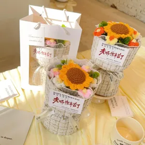 Handmade crochet sunflower bouquet gift set with tweed wrapping for holiday gifts