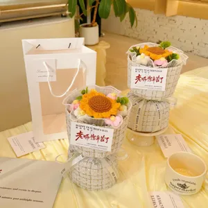 Handcrafted crochet sunflower bouquet with tweed wrapping, perfect teacher gift and home decor.