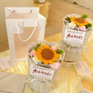Handmade crochet sunflower bouquet gift with elegant bag for teacher day party use.