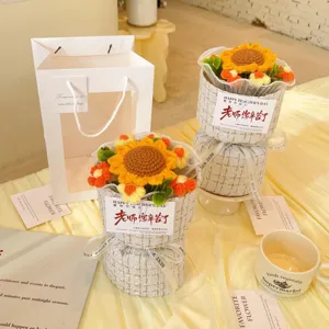Handmade crochet sunflower bouquet gift with tweed pot, perfect for teachers day or holidays.