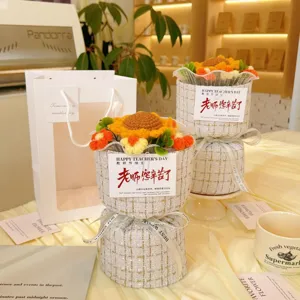Handmade crochet sunflower bouquet gift, elegant tweed wrapped faux flower for teachers day.
