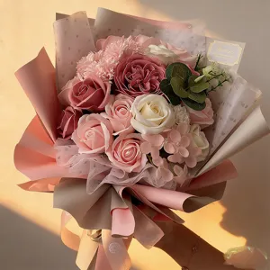 Artificial Soap Flower Bouquet Pink Rose Carnation Floral Arrangement For Mother Day Teacher Day Wedding Valentine Gift With Box