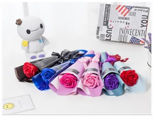Detailed view of colorful single soap rose bouquet, perfect romantic gift for teachers and lovers.