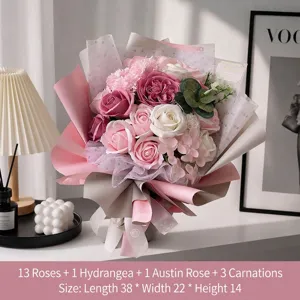 Elegant pink soap flower bouquet with 13 roses and carnations for Teacher's Day gift