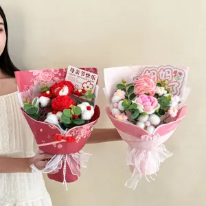Handmade crochet flower bouquet Chinese style carnation rose gift for mom and grandma